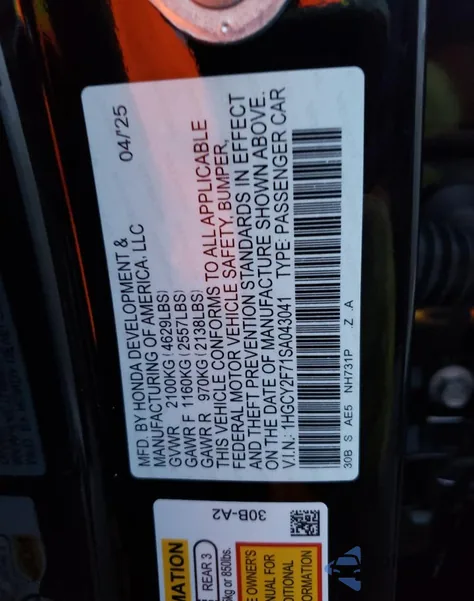 2025 Honda Accord Hybrid Sport-L z USA, uszkodzony, nr VIN 1HGCY2F71SA043041